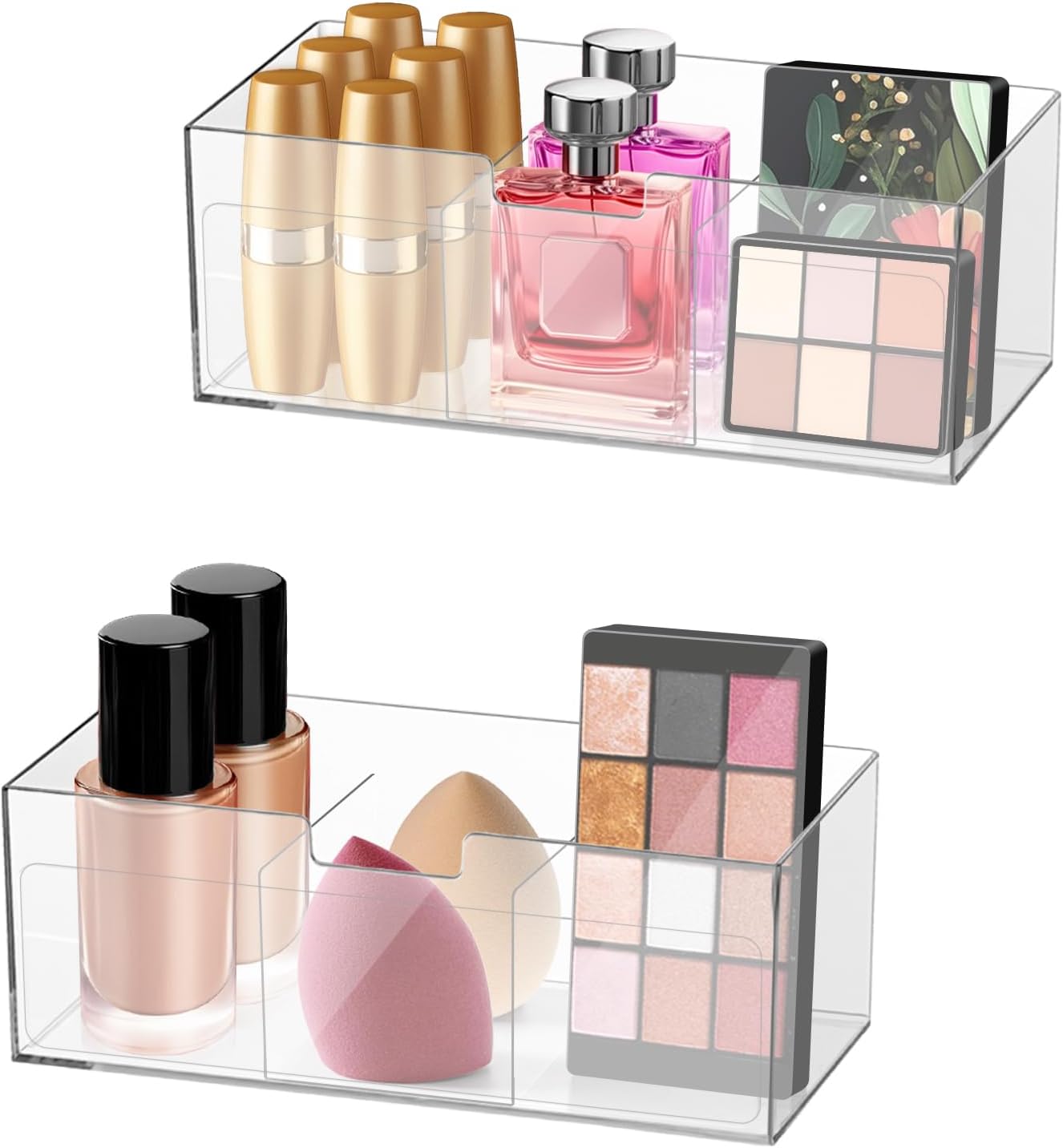 Poeland 2 Pack Makeup Organizer, Stackable Storage Organizer with U-shaped Removable Divider, Clear Storage Box for Medicine Cabinet, Closet, Bathroom, Counter