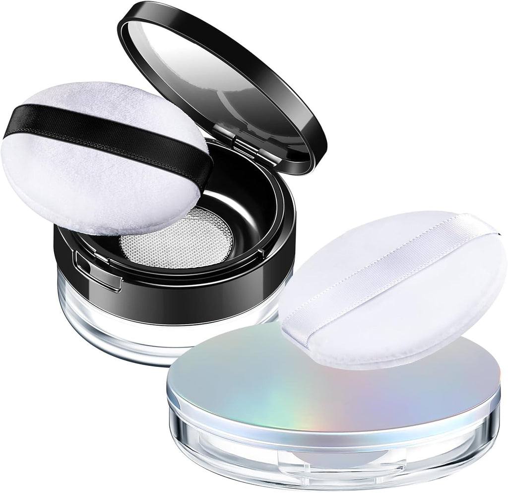 Cunhill 2 Pcs Loose Powder Container with Puff 0.17/0.7 oz Reusable Plastic Empty Case Portable DIY Makeup Powder Container Compact Case with Mirror and Net Sifter(Neon,Black)