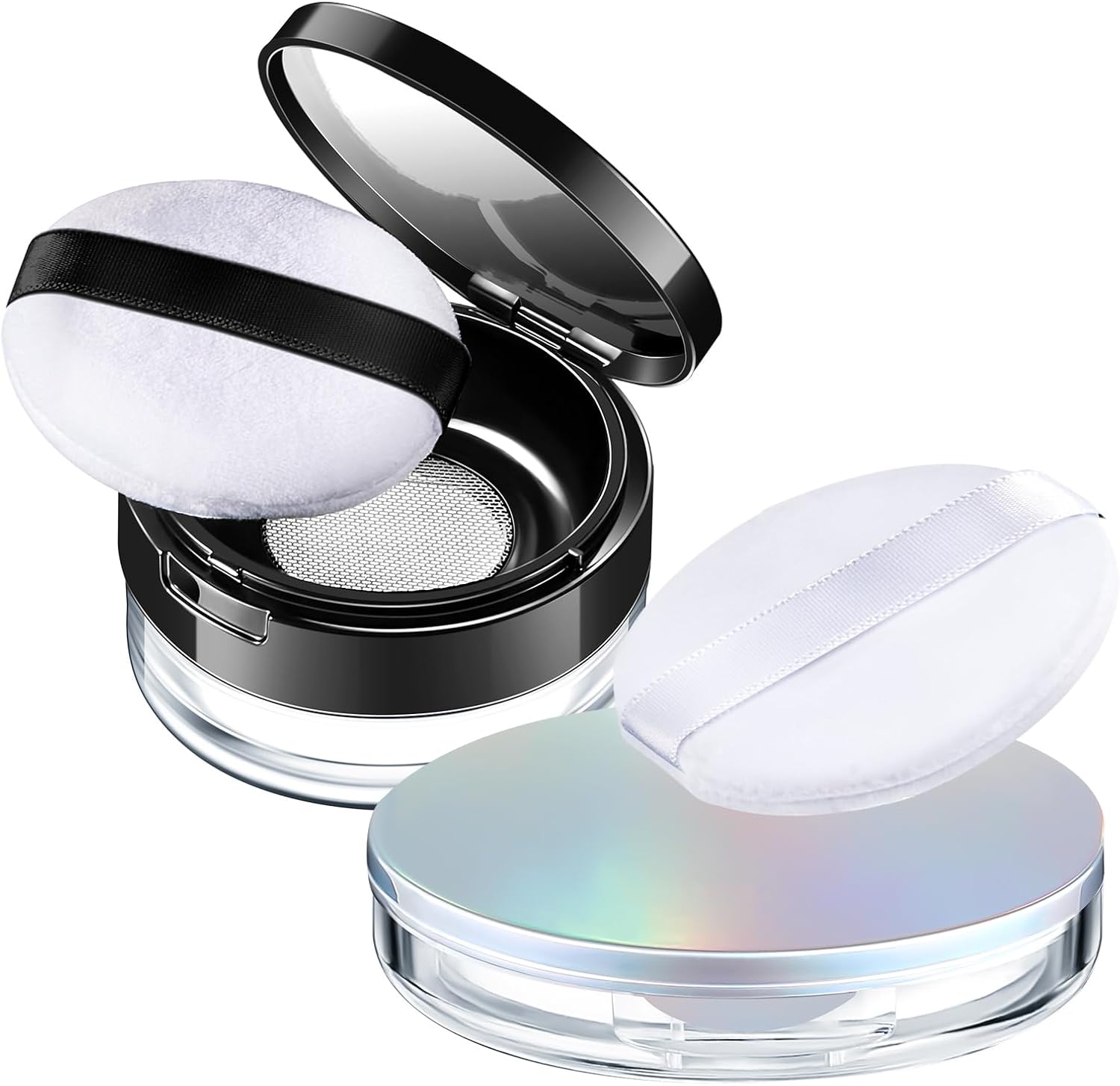 Cunhill 2 Pcs Loose Powder Container with Puff 0.17/0.7 oz Reusable Plastic Empty Case Portable DIY Makeup Powder Container Compact Case with Mirror and Net Sifter(Neon,Black)
