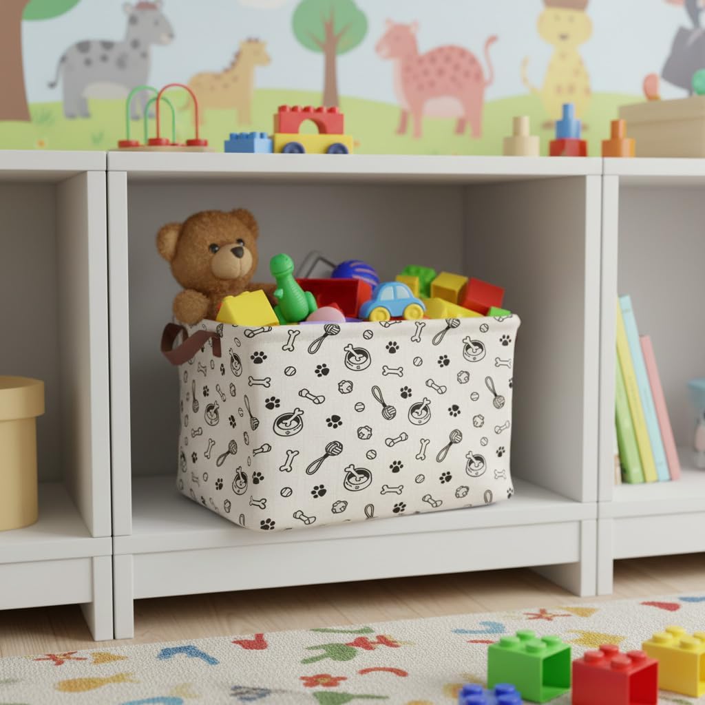 Dog Paw Storage Basket Waterproof Canvas Toy Storage Bin Storage Organizer Collapsible Outdoor Basket with Leather Handles Dog Toy Bin Blanket Baskets For Closets,Bedrooms,Gifts Baskets