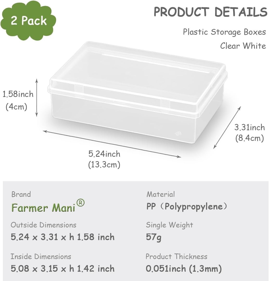 2 Pack 5.24x3.31x1.58 Inches Rectangular Clear Small Plastic Storage Containers Box with Hinged Lid for Small Items and Other Craft Projects