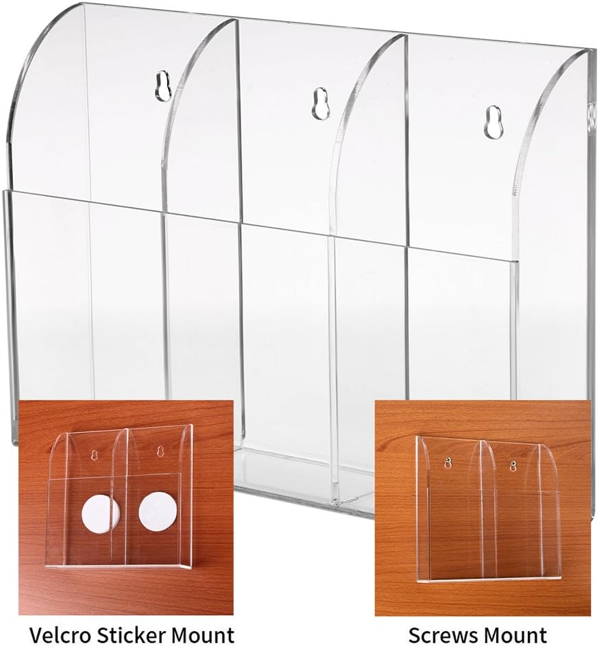 Hipiwe Wall Mount Remote Control Holder Clear Acrylic Media Organizer Storage Box Coffee Table and Nightstand Convenient Remote Control Caddy (Three Compartments)