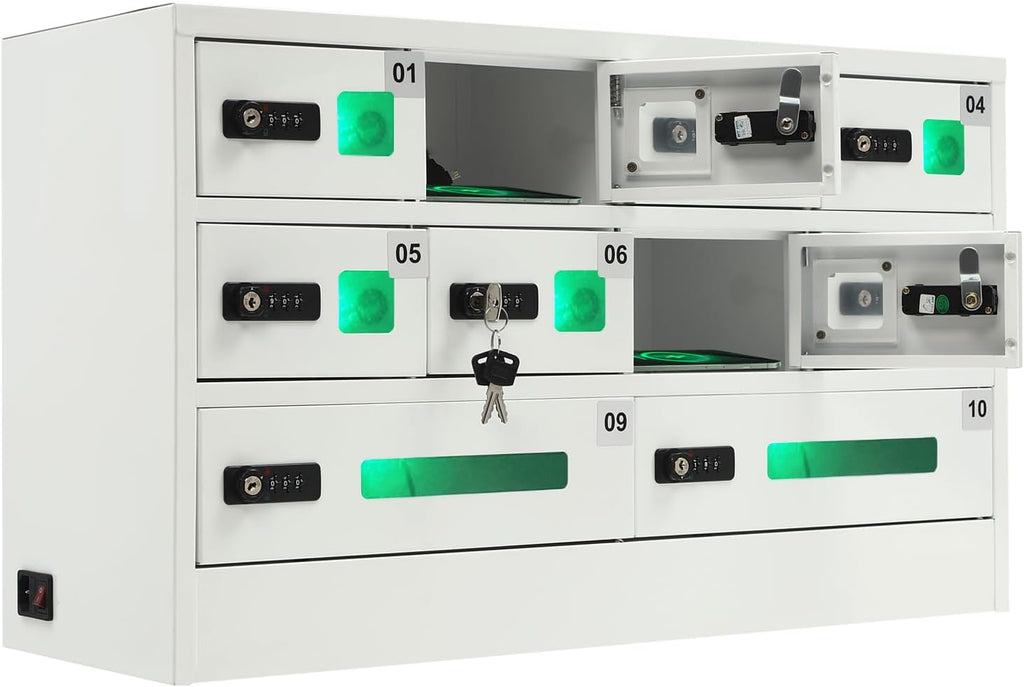 10 Slots Cell Phone Charging Station, Fast Charge Mobile Phone Locker Cabinet with Acrylic Window and 3-in-1 Cable, Combination Lock iPad mini Storage for Office, Classroom (10-Slot)