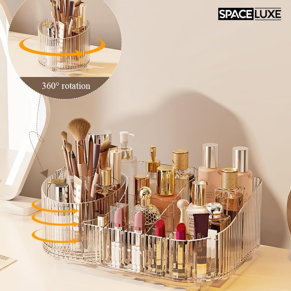 Makeup Organizer with Drawers and 360° Rotating Brush Holder, Large Capacity Cosmetic Storage for Vanity, Skincare, Perfume, Hair Accessories, Lipstick & Jewelry (Cream White, 2-layer)