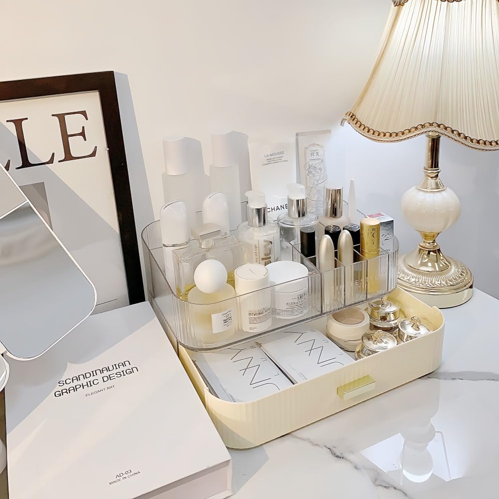 Makeup Organizer with Drawers Stackable Skincare Cosmetic Makeup organization for vanit Bathroom Desk Countertop (Cream)
