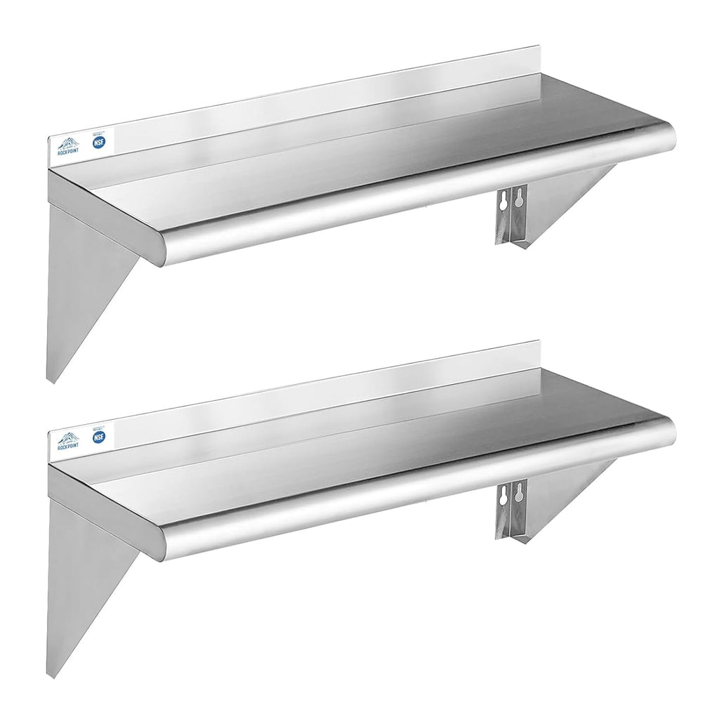 ROCKPOINT Stainless Steel Shelf 10 x 48 Inches 280lb, 2 Pack NSF Metal Commercial Shelves Wall Mount Floating Shelving with Backsplash for Restaurant, Kitchen, Home and Hotel, Silver