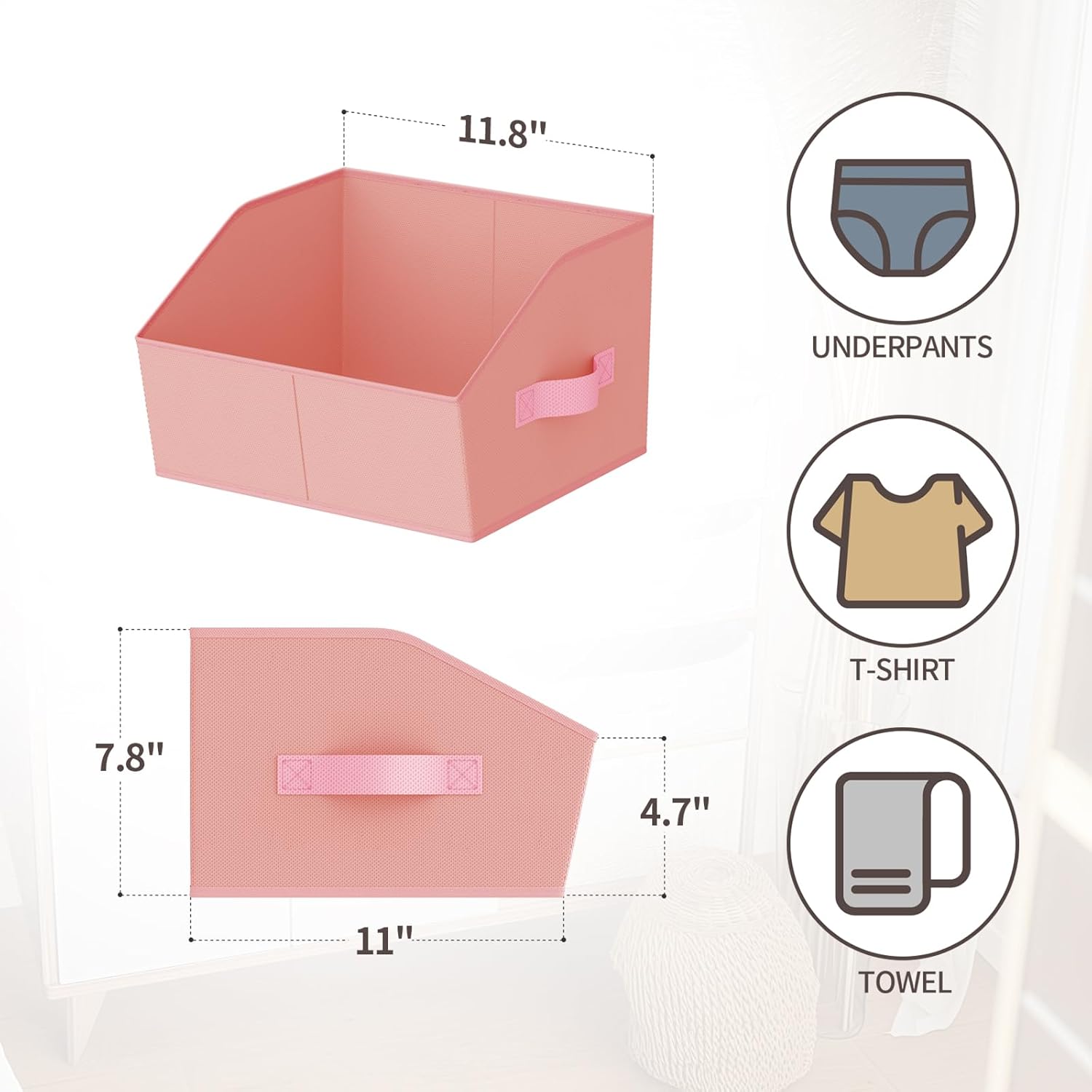Storage Bins for Shelves - Small Trapezoid Closet Shelf Organizer, Fabric Organization Bins with Handles, Storage Baskets for Clothes, Towel, Purse, 4 Pack, Pink