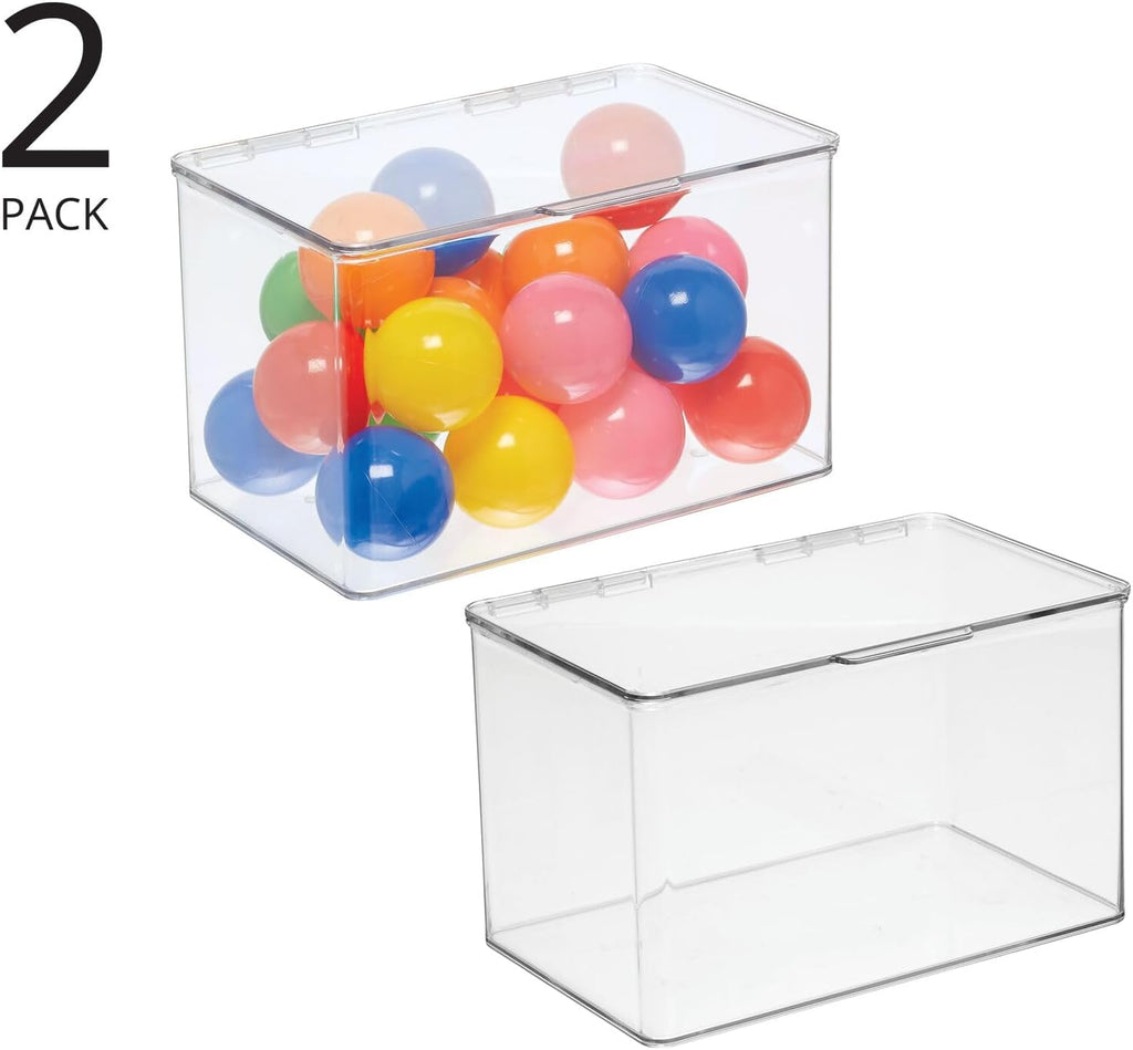 mDesign Set of 2 Storage Boxes with Lids – Stackable Plastic Storage Boxes for Nursery – Practical Plastic Toy Box Set – Clear