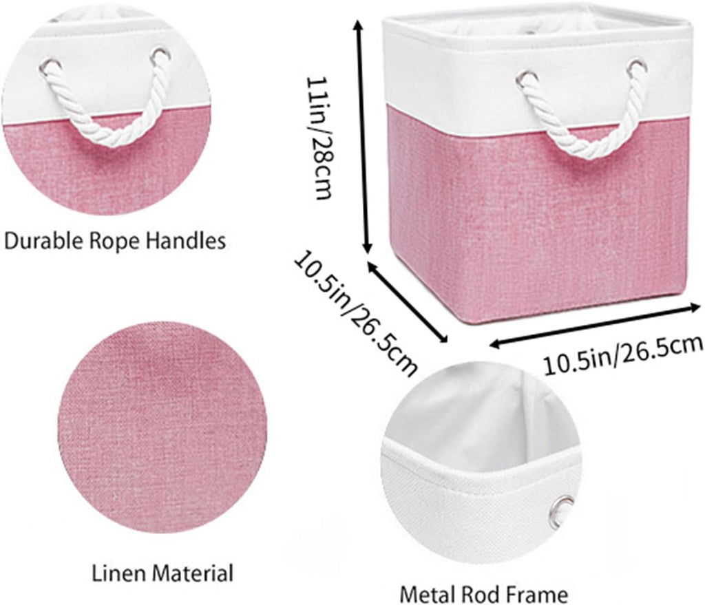 Fabric Storage Cubes, 11 inch cube storage bin with Handles, 11x11cube storage organizer bins, Collapsible Storage Bins for Shelves and Home, Cubby Storage Bins (White-Pink, 10.5x10.5x11in)