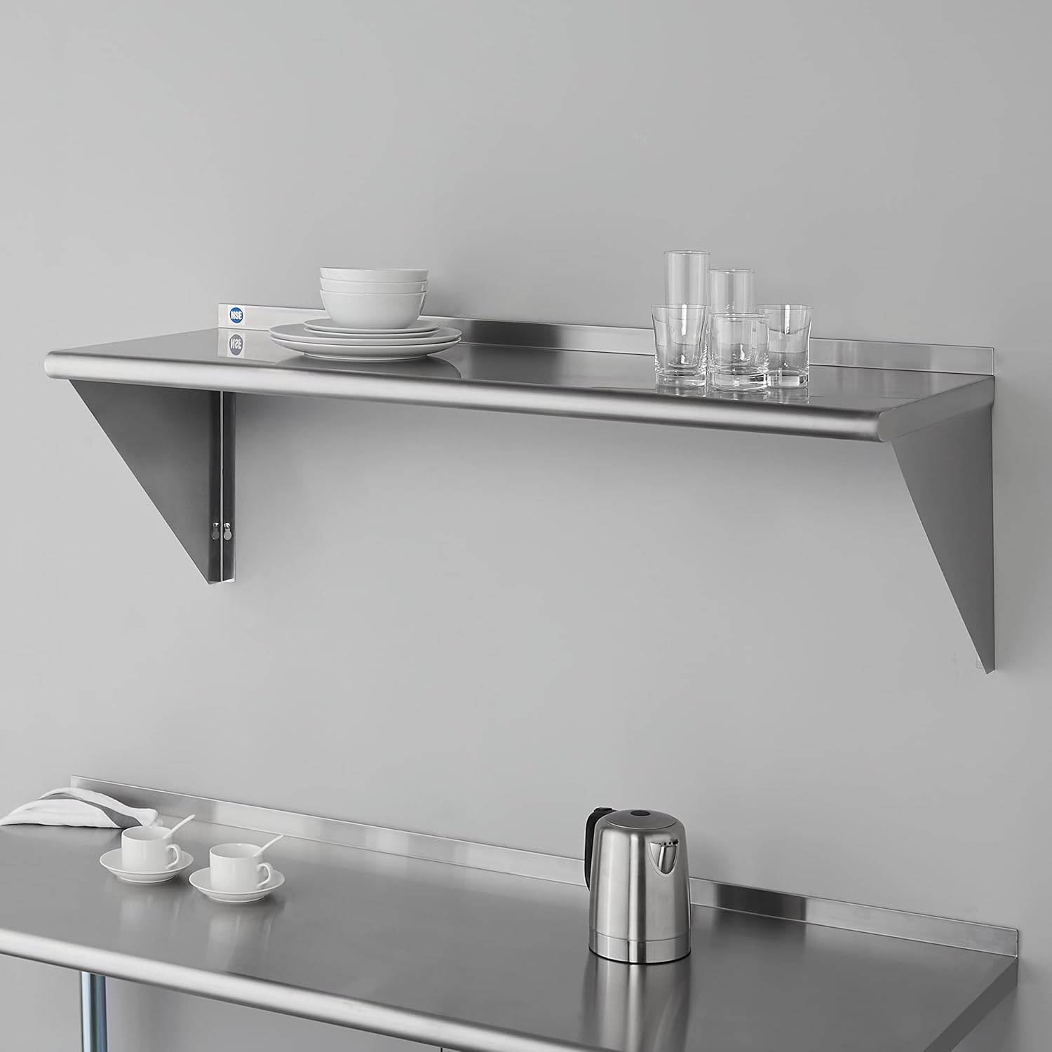 ROCKPOINT Stainless Steel Shelf 18 x 48 Inches 400lb, NSF Metal Commercial Shelves Wall Mount Floating Shelving with Backsplash for Restaurant, Kitchen, Home and Hotel, Silver
