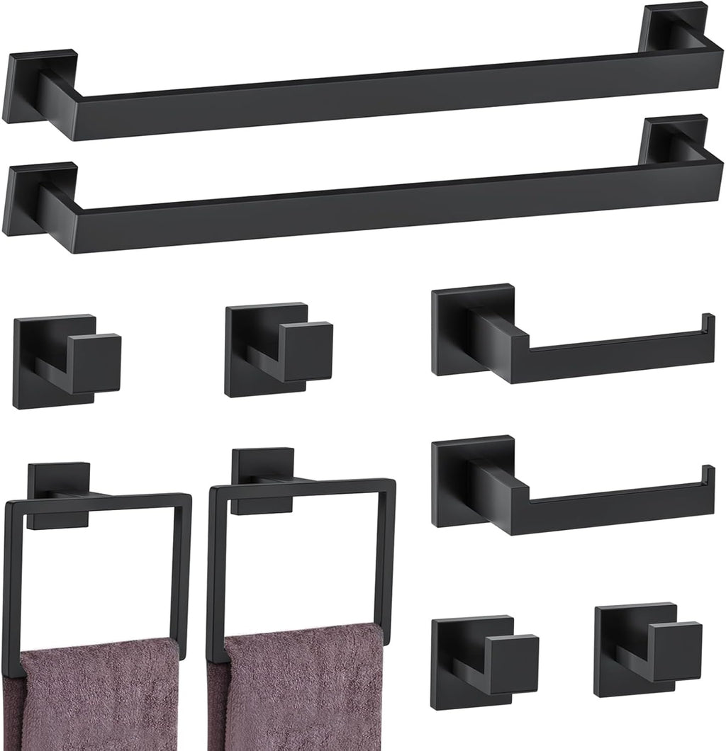10-Piece Matte Black Bathroom Hardware Accessories Set Black Towel Bar Set Towel Holder Set Stainless Steel Wall-Mounted Towel Rack Set for Bathroom,23.6 Inch Towel Bar