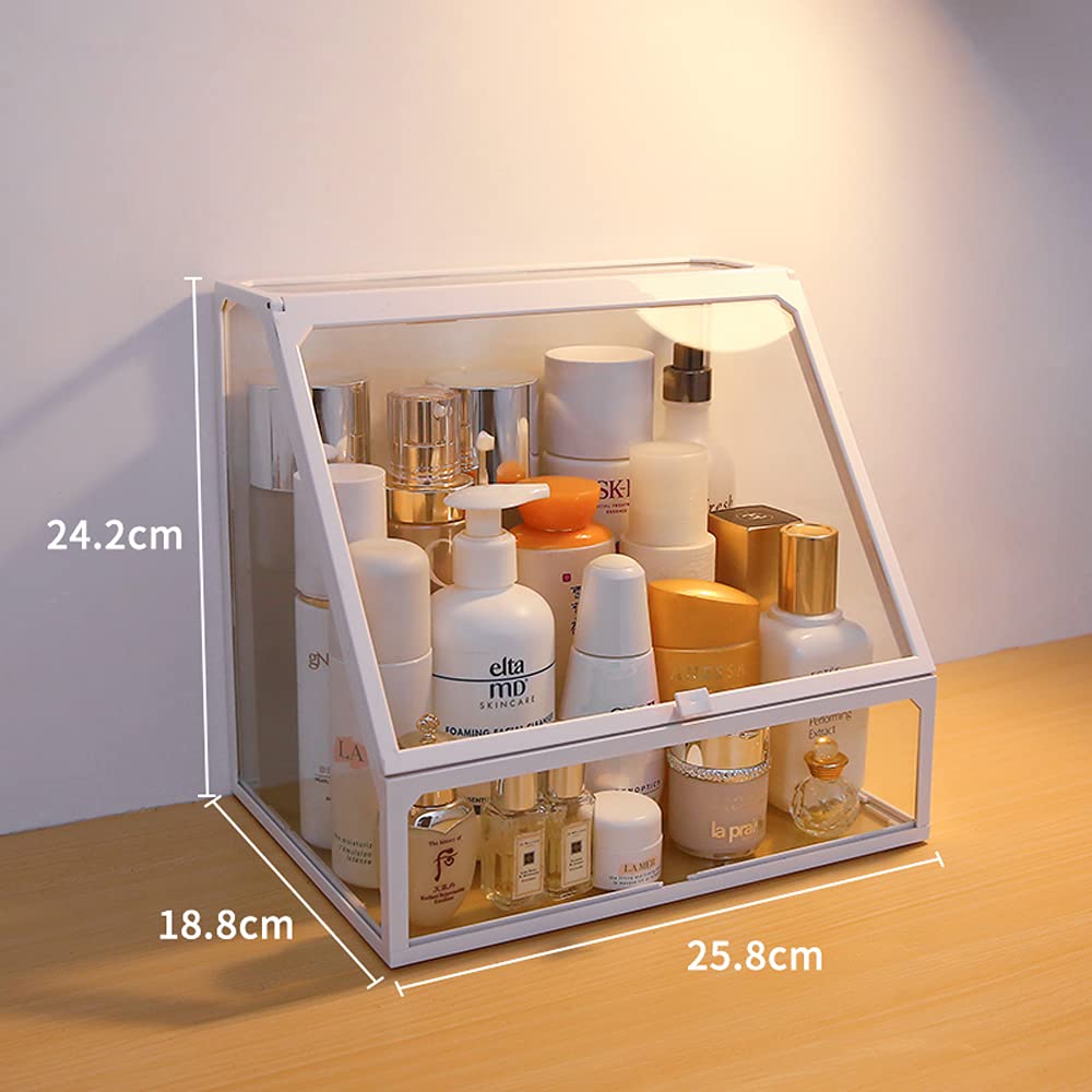 MOOCHI White Vintage Glass Cosmetic Makeup Organizer 3 Drawers Set Dust Waterproof Cosmetics Storage Display Case Countertop for Brushes Lipsticks Jewelry