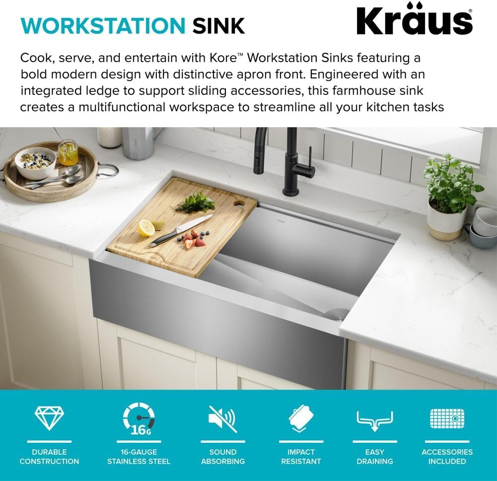 KRAUS Kore 33-Inch Farmhouse Workstation 16 Gauge Single Bowl Stainless Steel Kitchen Sink with Accessories, KWF210-33