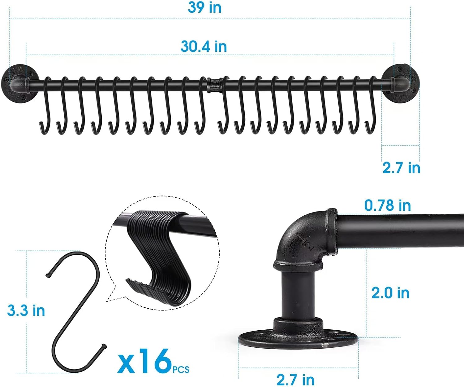 Industrail Pipe Pot Pan Rack, Wall mount Pot hangers Pan Haniging Rail Lid Hnager for kitchen with S Hooks (39"-2 Pack)