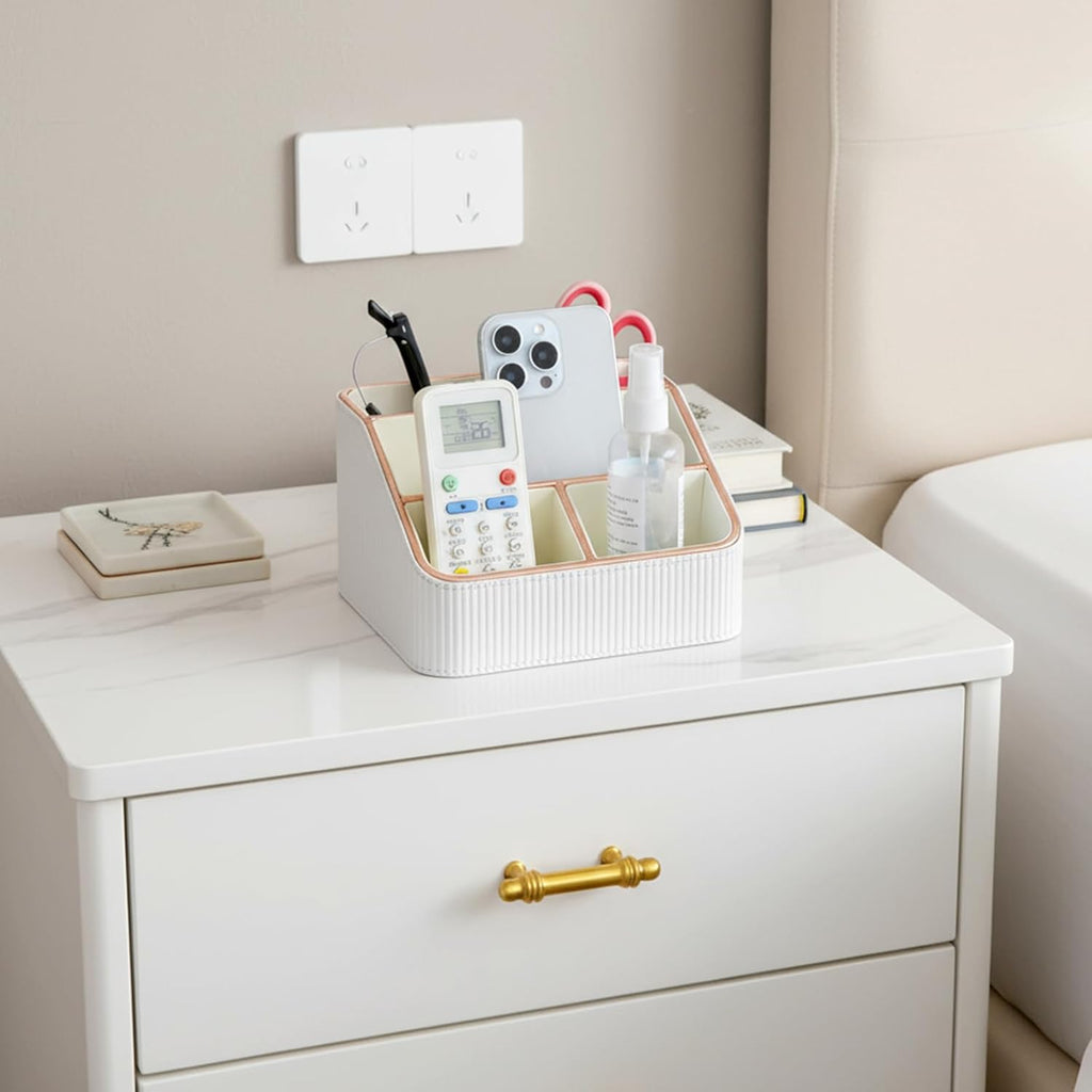 1 Pieces Remote Control Holder with 4 Compartments, PU Leather Small Nightstand Organizer for Home Desk Accessories Office Supplies, Multifunctional Stylish Small Bedside Desktop Organizers (White)