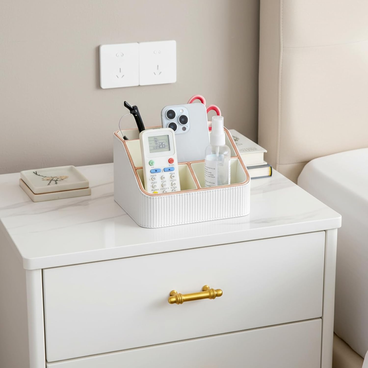 1 Pieces Remote Control Holder with 4 Compartments, PU Leather Small Nightstand Organizer for Home Desk Accessories Office Supplies, Multifunctional Stylish Small Bedside Desktop Organizers (White)