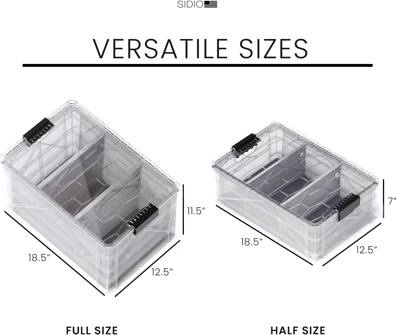 SIDIO CRATE Pro Pack - Two Full Size and One Half Size Heavy Duty Stackable Storage Bins, Totes and Containers with Lids and Dividers - Durable Organizer for Home, Office, Garage, and Outdoor Use