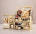 Hersoo Luxury Stackable Glass Cosmetic Organizer 3-Piece Set-Durable,Premium Shatterproof Vanity Storage,Artisan-Design for High-End Bathroom&Makeup Counter Decor(gold)
