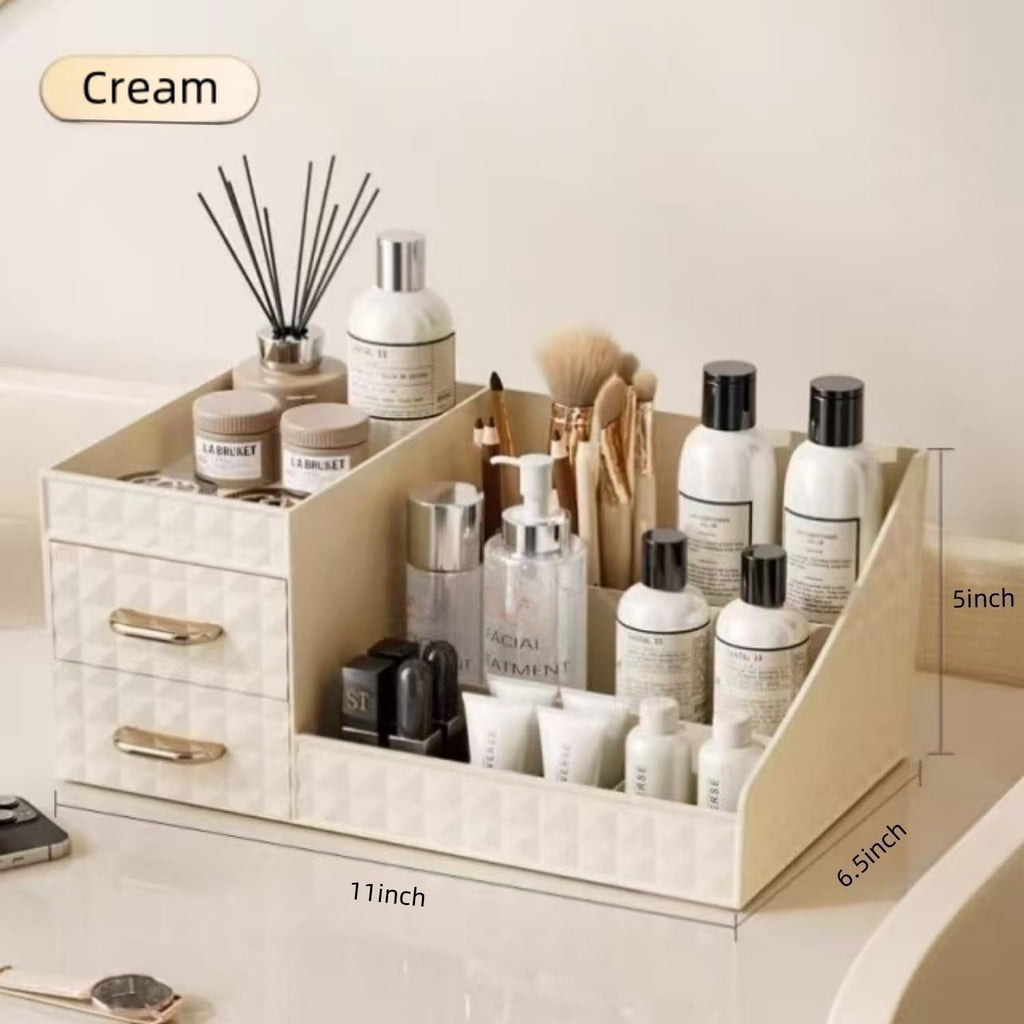 Clear Makeup Organizer for Vanity,Desk Makeup Caddy With Drawers for Cosmetics,Lipsticks Nail Care Skincare Jewelry Countertop Organizers,Cosmetic Display Cases for Bathroom, Dresser (Cream)