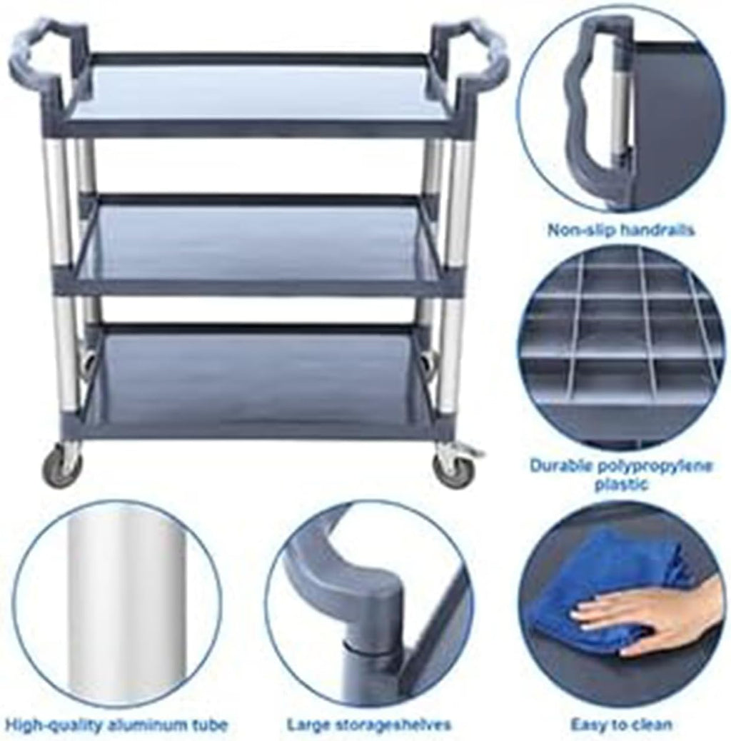 3-Tier Service Cart，3-Shelf Rolling Push Cart with Wheels，360 LBS Heavy Duty Utility Cart for Restaurant, Office, Kitchen & Hotel ，Grey
