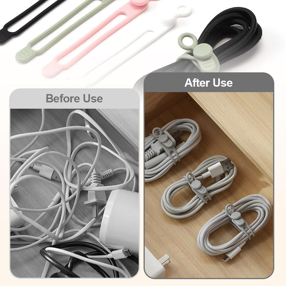 Data Cable Organizer, Silicone Cable Ties Reusable - Elastic Cord Organizer for Electronics, Adjustable Wire Ties for Cable Management,Computer Wires,Phone Charger,Earphone,Home Office (Black, 20PCS)