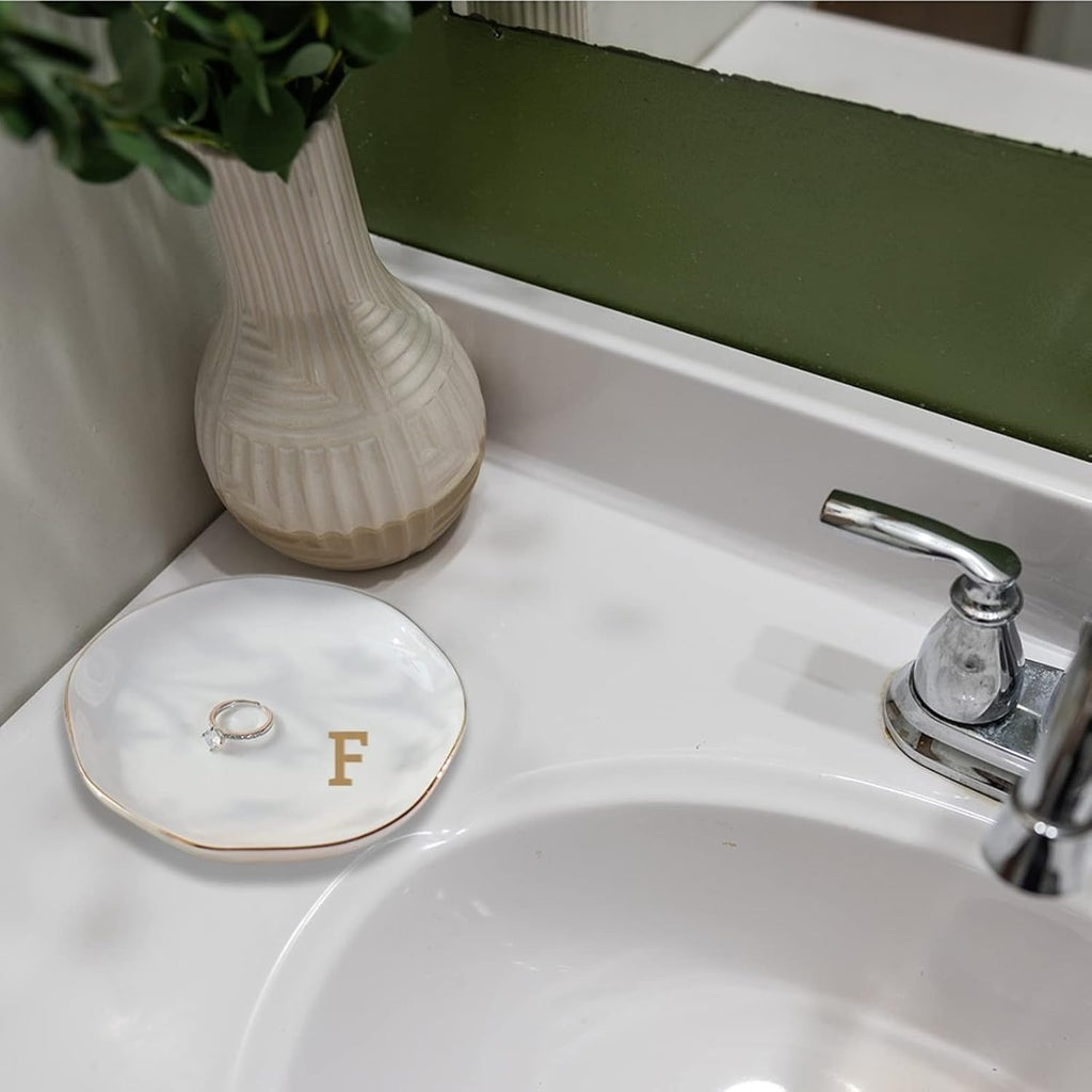 Initials Ring Dish Jewery Tray with Personalized F-Monogrammed Gifts Wedding Engagement for Women Friends Sister,Ceramic White