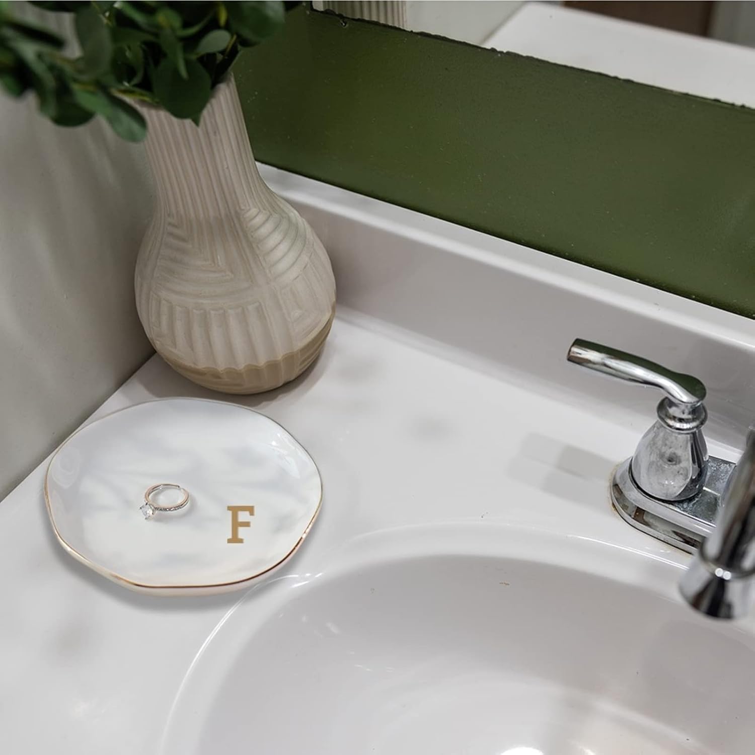 Initials Ring Dish Jewery Tray with Personalized F-Monogrammed Gifts Wedding Engagement for Women Friends Sister,Ceramic White