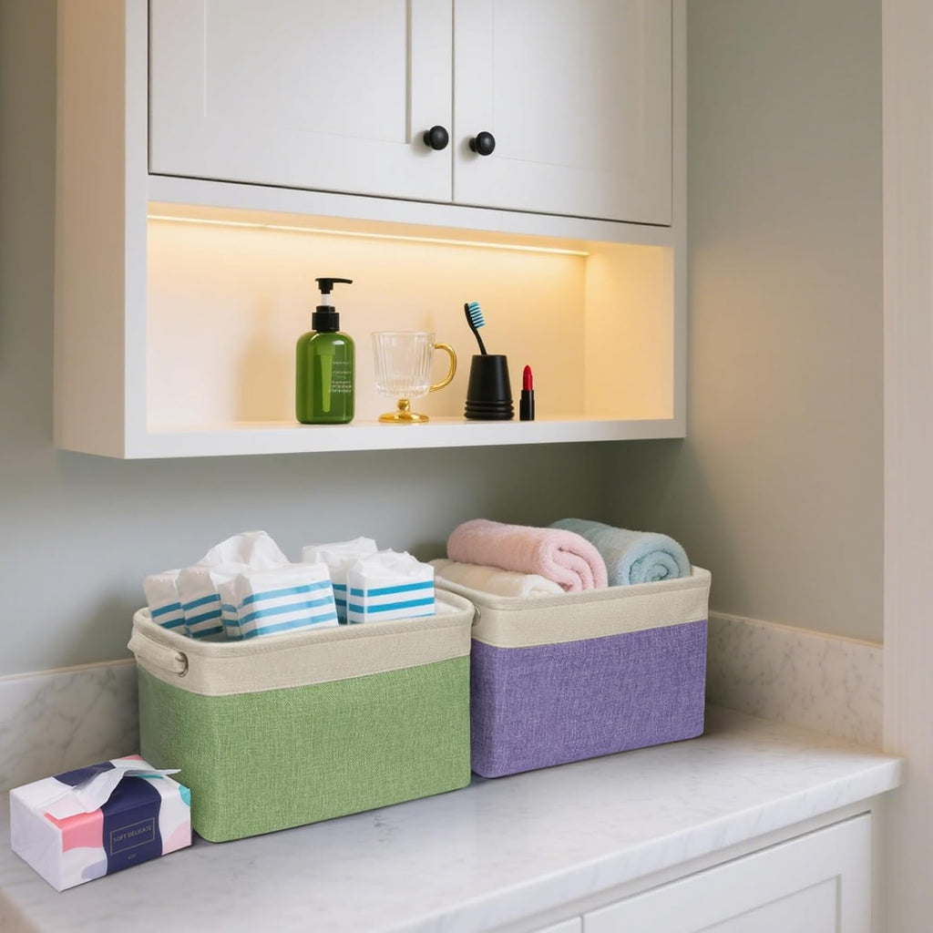 BALEINE 2 Pack Fabric Storage Bins for Shelves, Linen Storage Baskets for Organizing, Decorative Closet Bins for Clothes, Home (Navy Blue, 12"x8"x8")