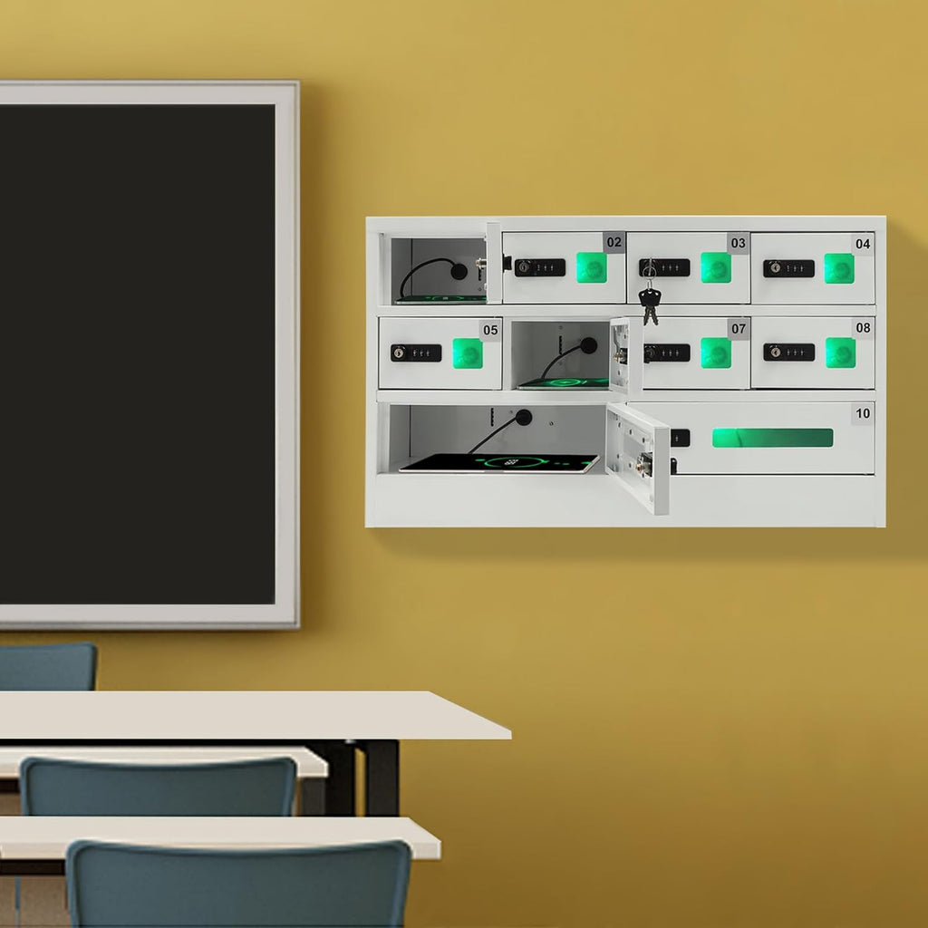 10 Slots Cell Phone Charging Station, Fast Charge Mobile Phone Locker Cabinet with Acrylic Window and 3-in-1 Cable, Combination Lock iPad mini Storage for Office, Classroom (10-Slot)