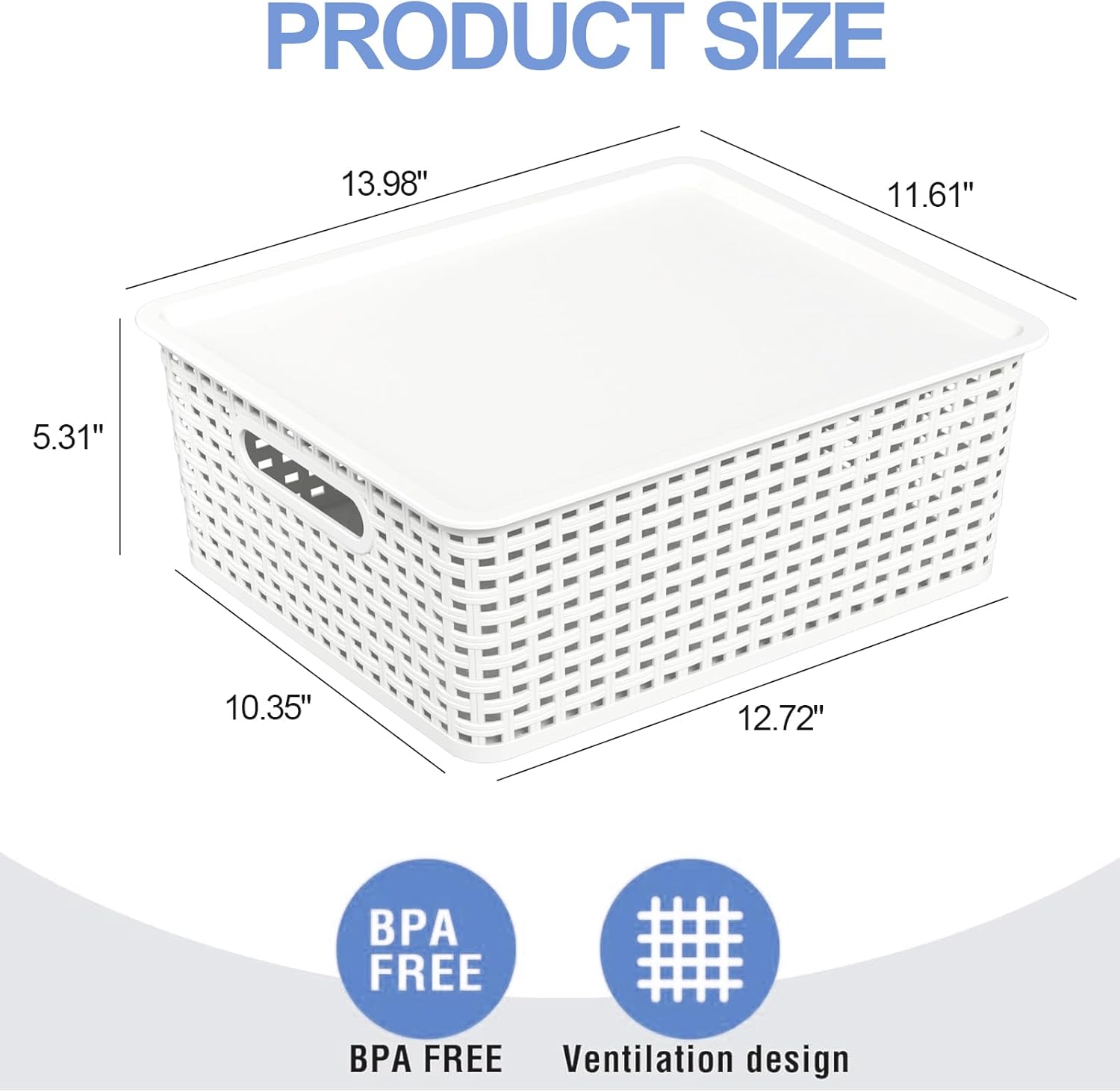 6 Pack Stackable Lidded Storage Baskets, Plastic Woven Baskets for Organizing, White