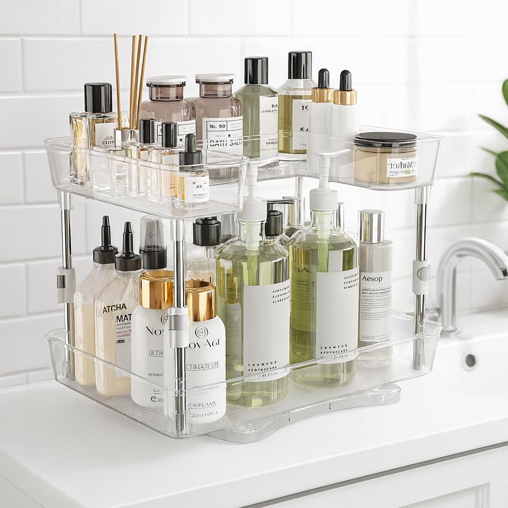 Acrylic Makeup Organizer, 2-Tier Large Capacity Cosmetic Storage Rack with Clear Shelves, Perfume and Skincare Organizer for Bathroom Countertop, Vanity and Dressing Table