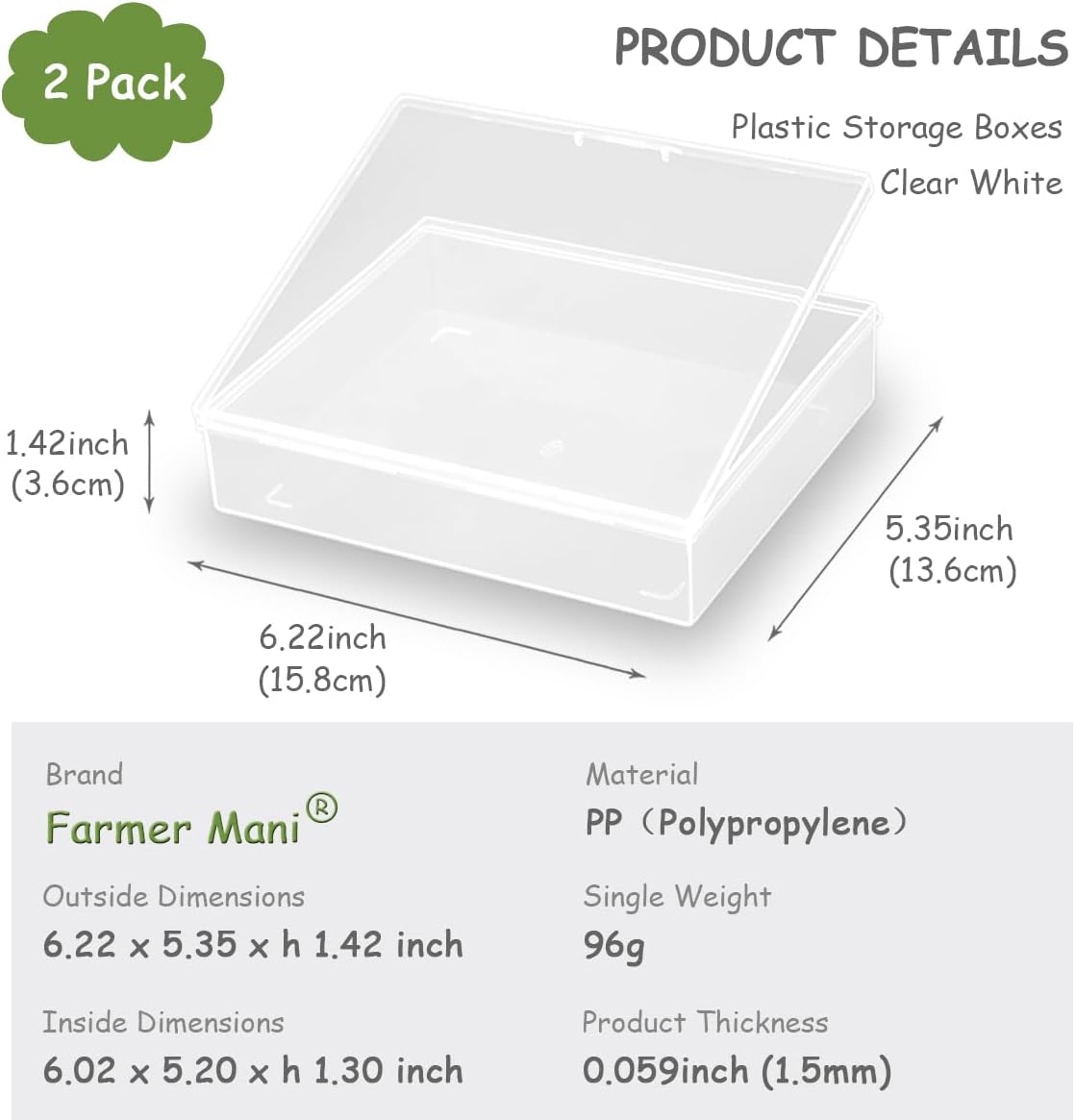 2 Packs Small Plastic Storage Containers (6.22x5.35x1.42 in), Clear Rectangle Bead Organizer Case with Lids for Crayons, Crafts, Beads Pencils Notebooks