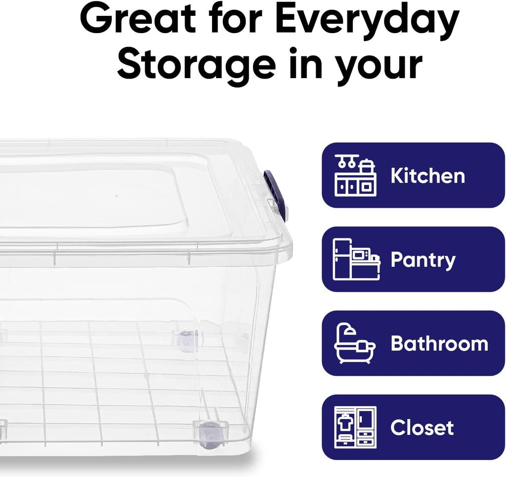 Superio Storage Bins with Lids- Clear Boxes for Organizing, Stackable Plastic Containers- BPA Free, Non-Toxic, Odor Free, Organizer for Home, Office, Dorm (6 Pack, 60 Qt (Wheeled))