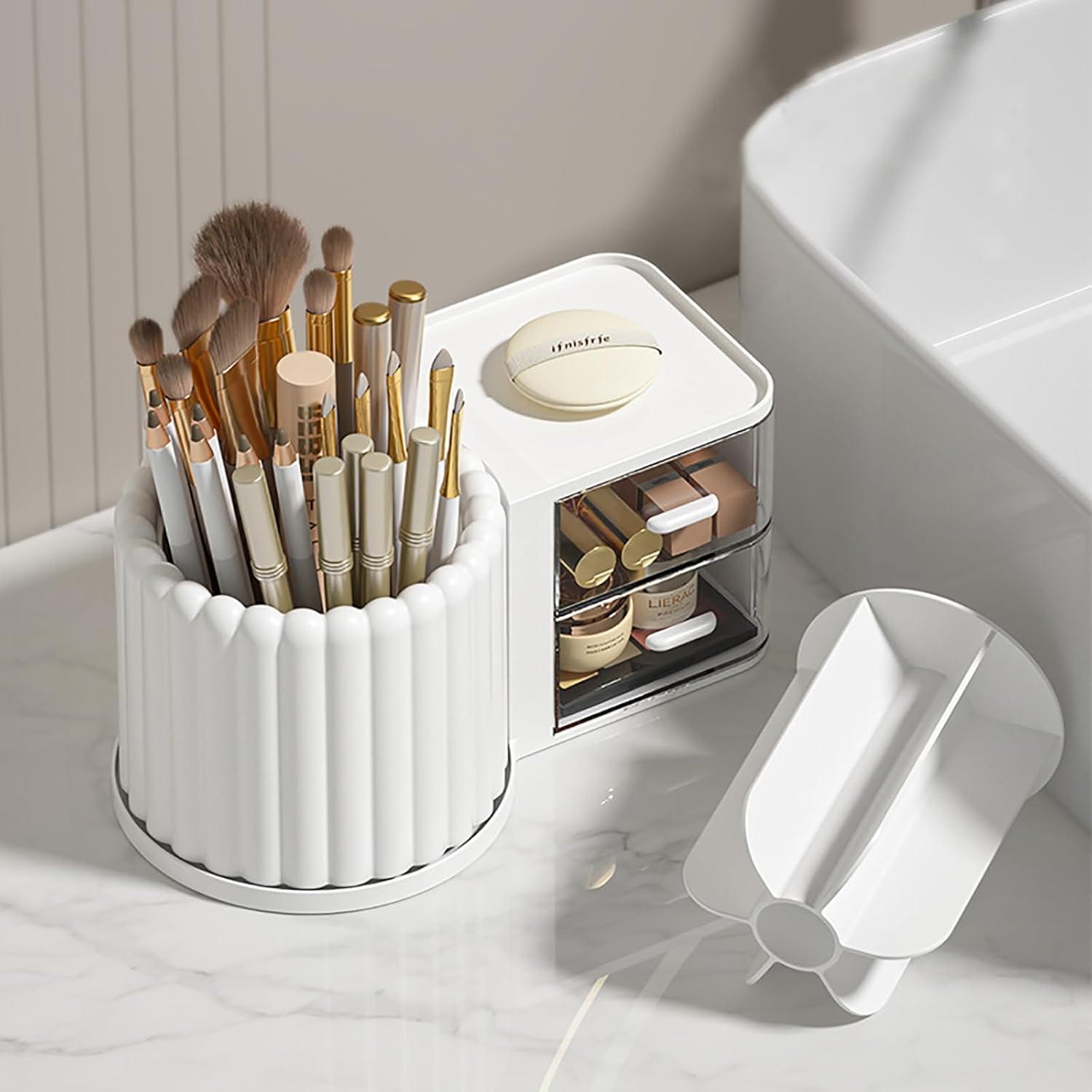 Anyoifax 360 Rotating Makeup Brush Holder 7 Slots Makeup Organizer with Drawer Removable Spinning Cosmetic Storage Pen Holder for Vanity, Dresser, Desk, White
