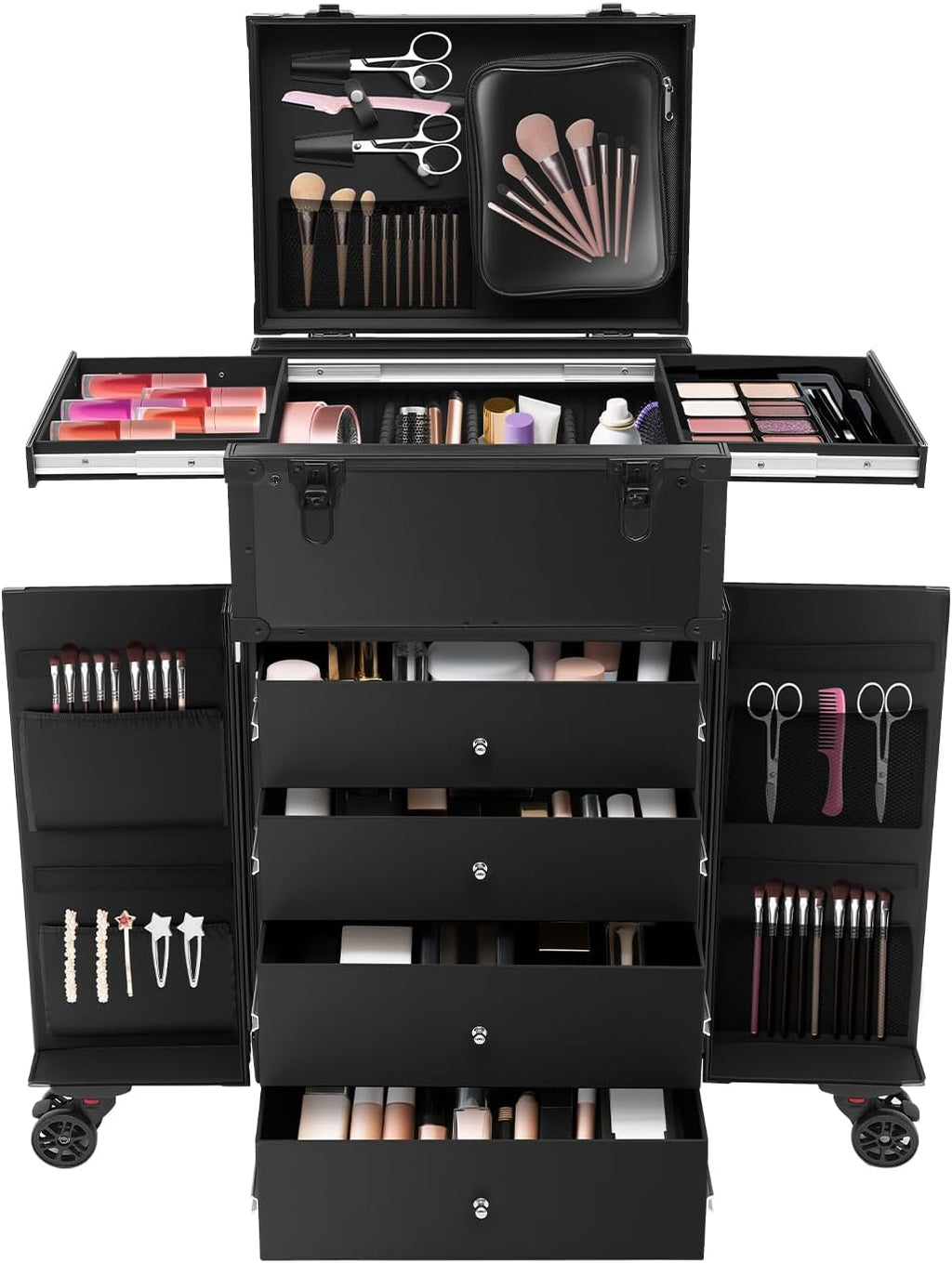 Cosmetic Train Case,Makeup Organizer Travel Case with Multiple Compartments,Rolling Makeup Case,Professional Makeup Casewith Wheels for Make-up Artists,66Lbs Load-Bearing (Black-6 Wheels)
