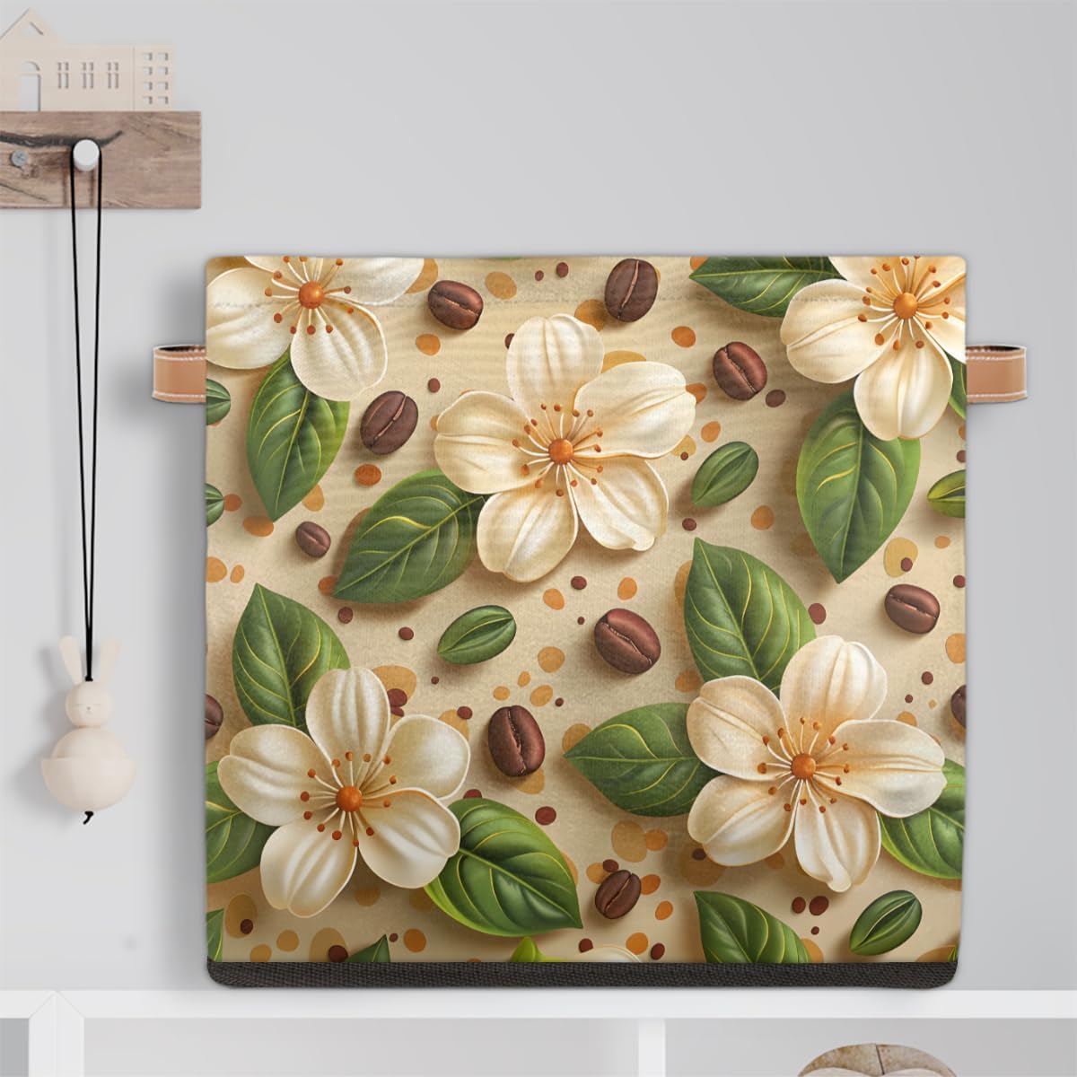 TropicalLife 13x13x13 Inch Large Fabric Storage Cube Beige Floral Print Foldable Storage Bin with Handles Organizer Boxes Cube Basket for Shelves Organizing Closet