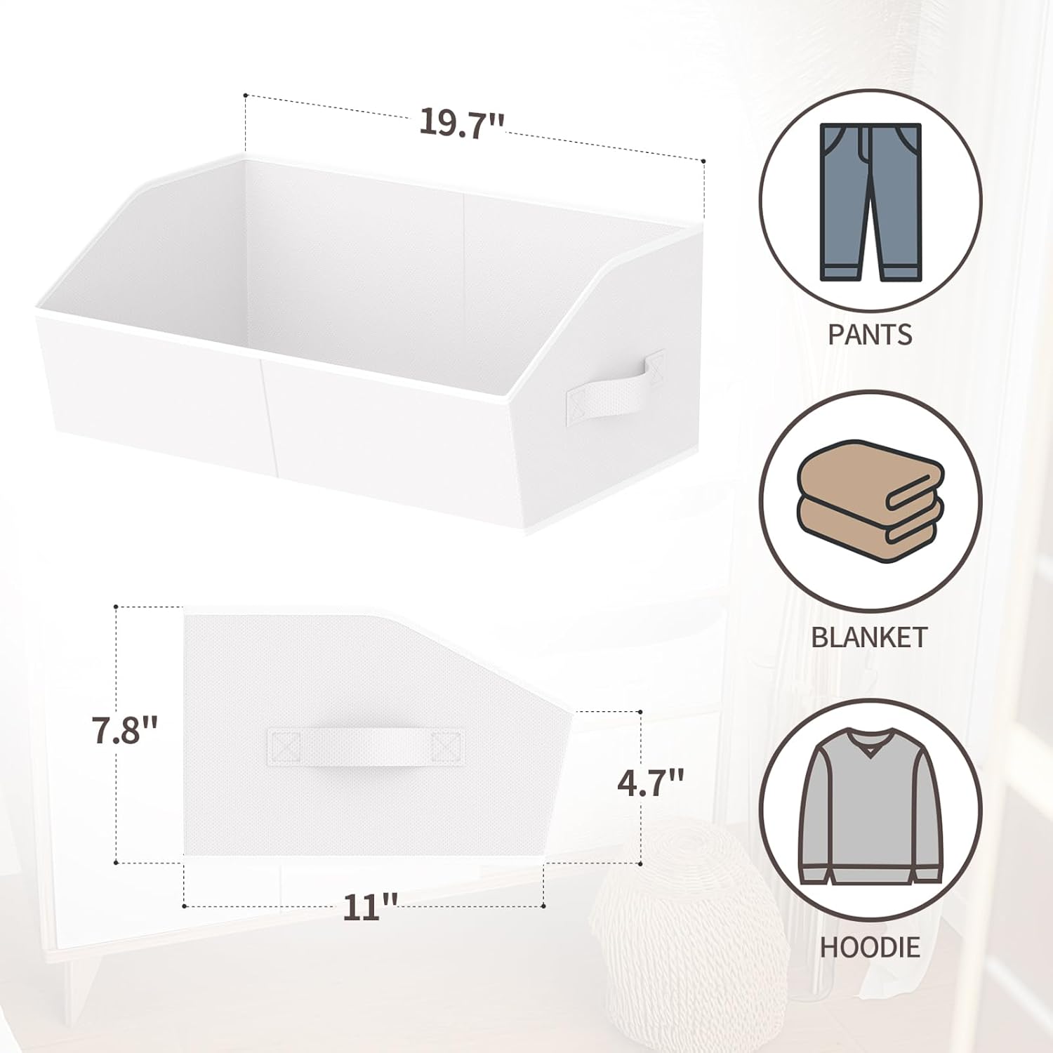 Storage Bins for Shelves - Large Trapezoid Closet Shelf Organizer, Fabric Organization Bins with Handles, Storage Baskets for Clothes, Towel, Purse, 6 Pack, White