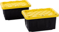 Plastic 5-Gallon Storage Tote with Lockable Lid, Stackable Tough Regular-Duty Bin for Garage, Tools, and Home Organization (2-Pack) - Black and Yellow