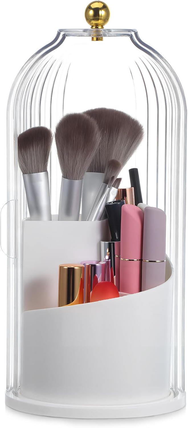 Rotating Makeup Brush Holder With Lid : Makeup Organizer For Vanity Dustproof Cosmetic Brush Organizer For Home Use, White, 9. 84 X 4. 92 X 4. 92 Inches