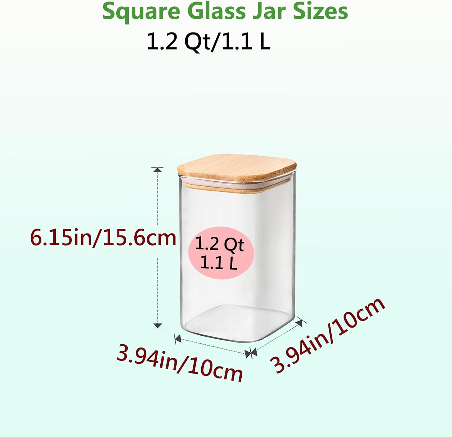 1.2 Qt Square Glass Storage Containers with Lids, glass jar with airtight lid, Glass Canister for Pantry Cookie Cereal Rice Sugar Tea Coffee Beans Spice, Square Set of 4