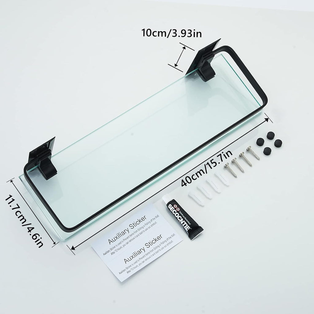 AIJALY 3 Pack Bathroom Glass Shelf,Aluminum Tempered Glass 0.34in Extra Thick Rectangular 1 Tier Storage Organizer Wall Mount,Black 15.7in