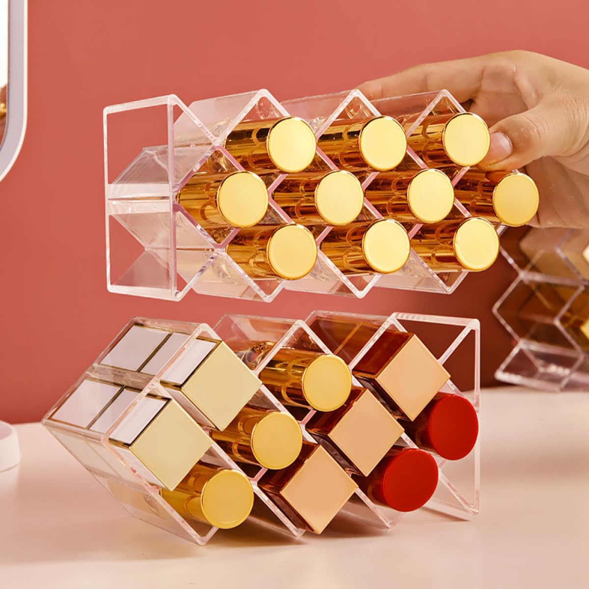 Luxshiny 2Pcs Clear Acrylic Lipstick Organizer with Compartments Dustproof Makeup Display Holder for Lip Gloss Liquid Solid Lipstick Storage Bedroom Supply Vanity Organizer