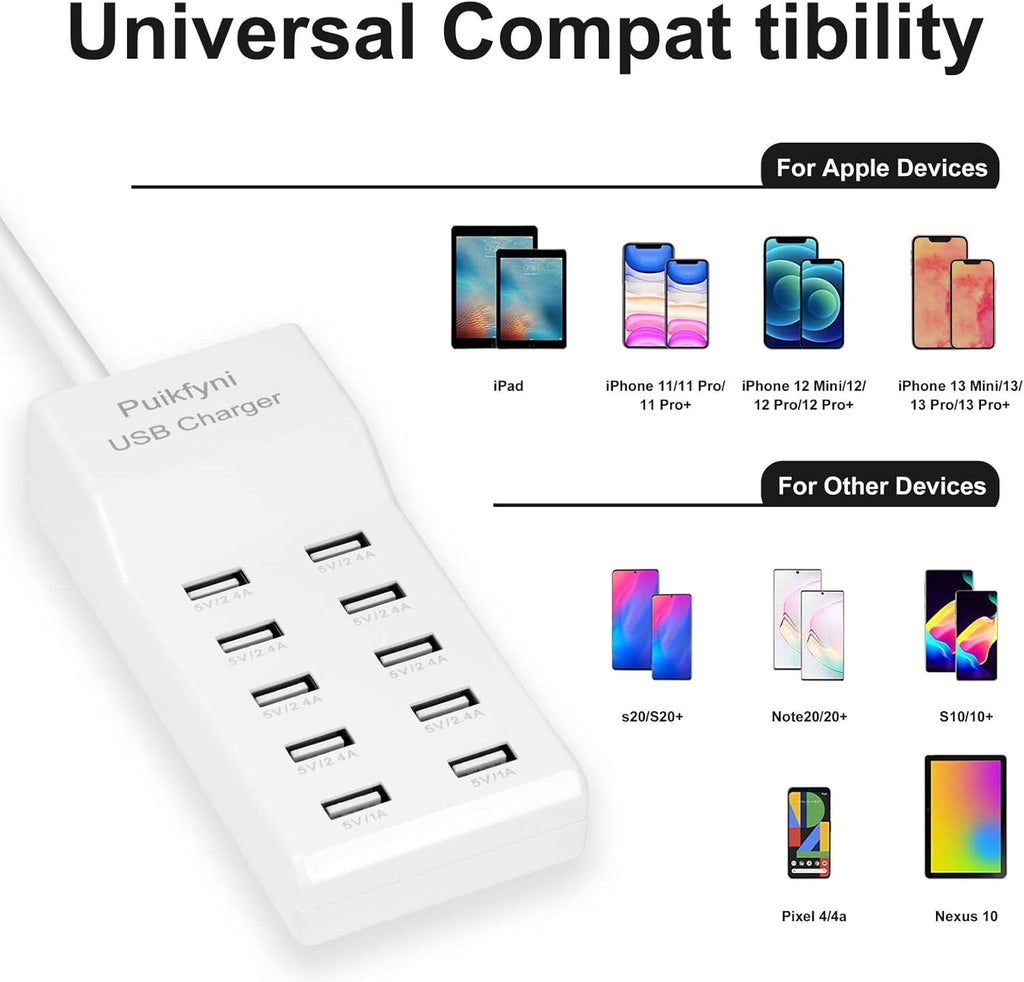 10-Port USB Charger Station, Smart Multiple Charging Block/USB Power Strip for Multiple Devices,Mobile Phones and iPads,Smart Watches Tablets (White)
