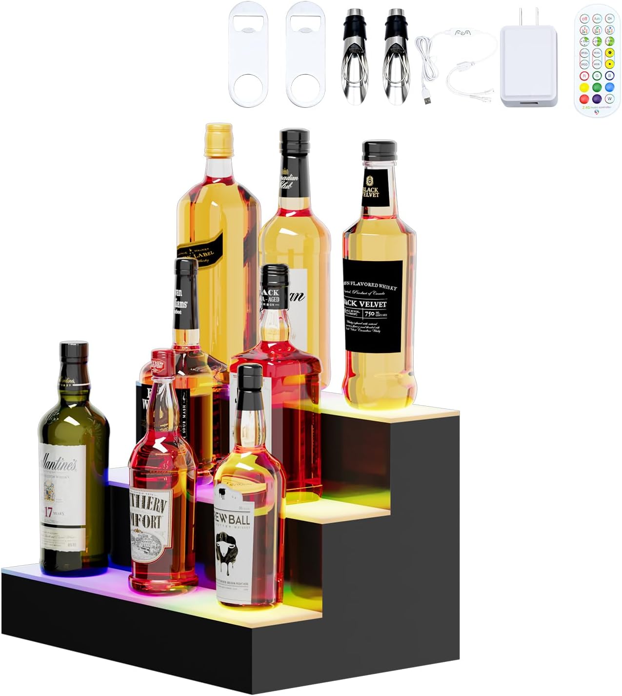 Dethan 3 Tier 16 Inch Liquor Bottle Display Shelf - Wine Racks with Multi-Color App & Remote Control, Adjustable Brightness & Sound Modes, Acrylic Bar Shelves Displays