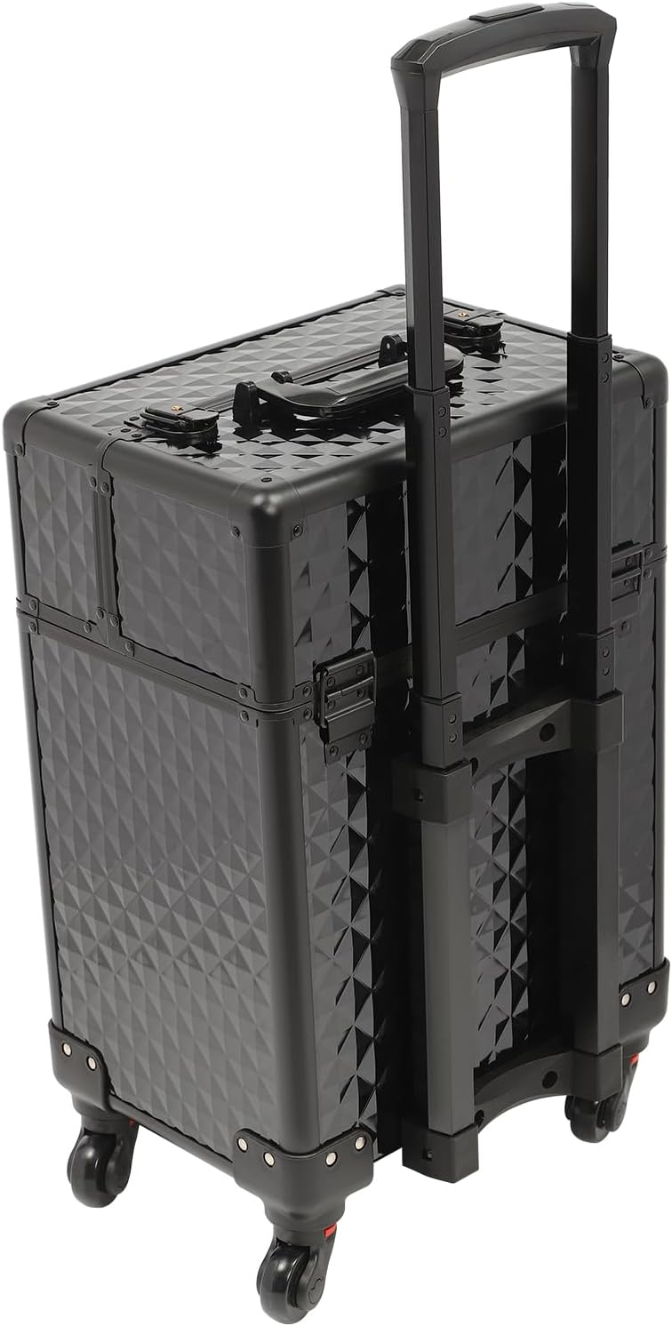 Professional Rolling Makeup Train Case with Lock, 7 Compartments 44lbs Capacity Rolling Nail Case Adjustable Organizer for Makeup Artists, Hairstylists, Pet Groomers (Black)