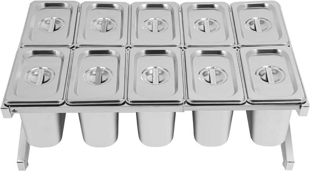 10 Pans Stainless Steel Spice Rack, Expandable Spice Rack Set, Tilted Design Spice Display Rack, Toppings Station Storage, Condiment Organizer, Divider Food Container for Home or Restaurant(Silver)