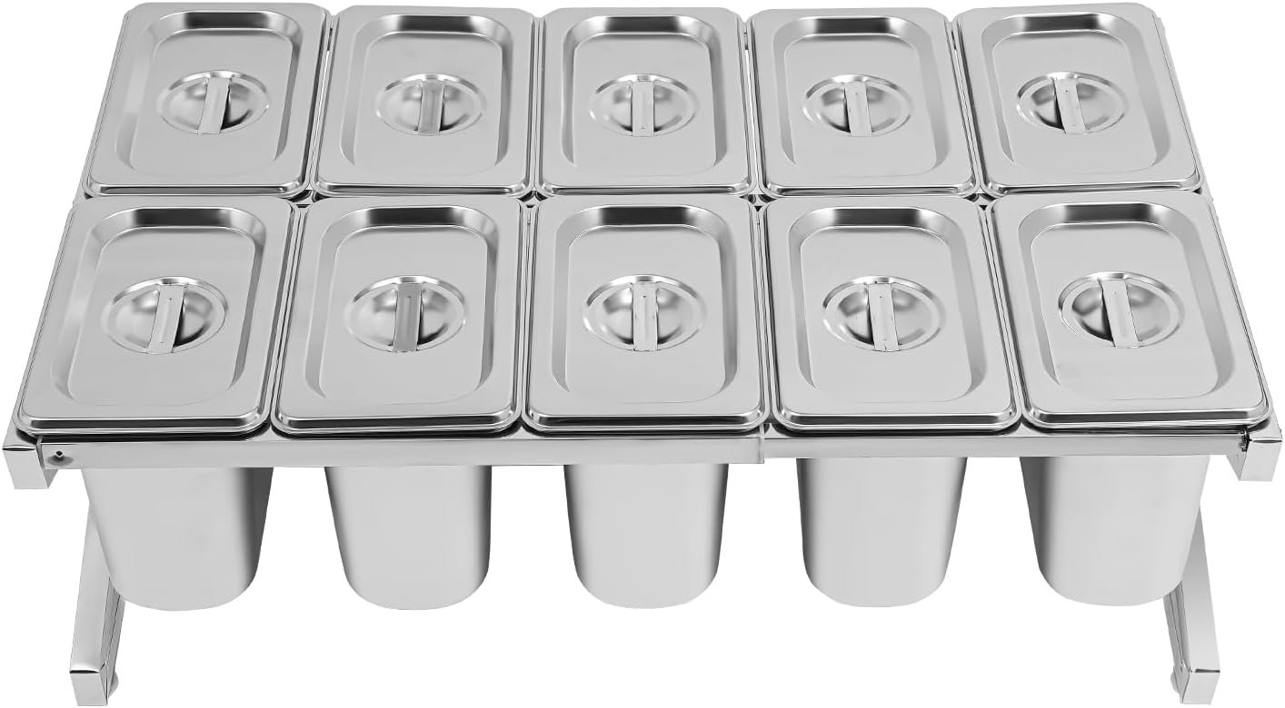 10 Pans Stainless Steel Spice Rack, Expandable Spice Rack Set, Tilted Design Spice Display Rack, Toppings Station Storage, Condiment Organizer, Divider Food Container for Home or Restaurant(Silver)