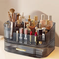 Makeup Organizer with Drawers and 360° Rotating Brush Holder, Large Capacity Cosmetic Storage for Vanity, Skincare, Perfume, Hair Accessories, Lipstick & Jewelry (Transparent Gray, 2-layer)