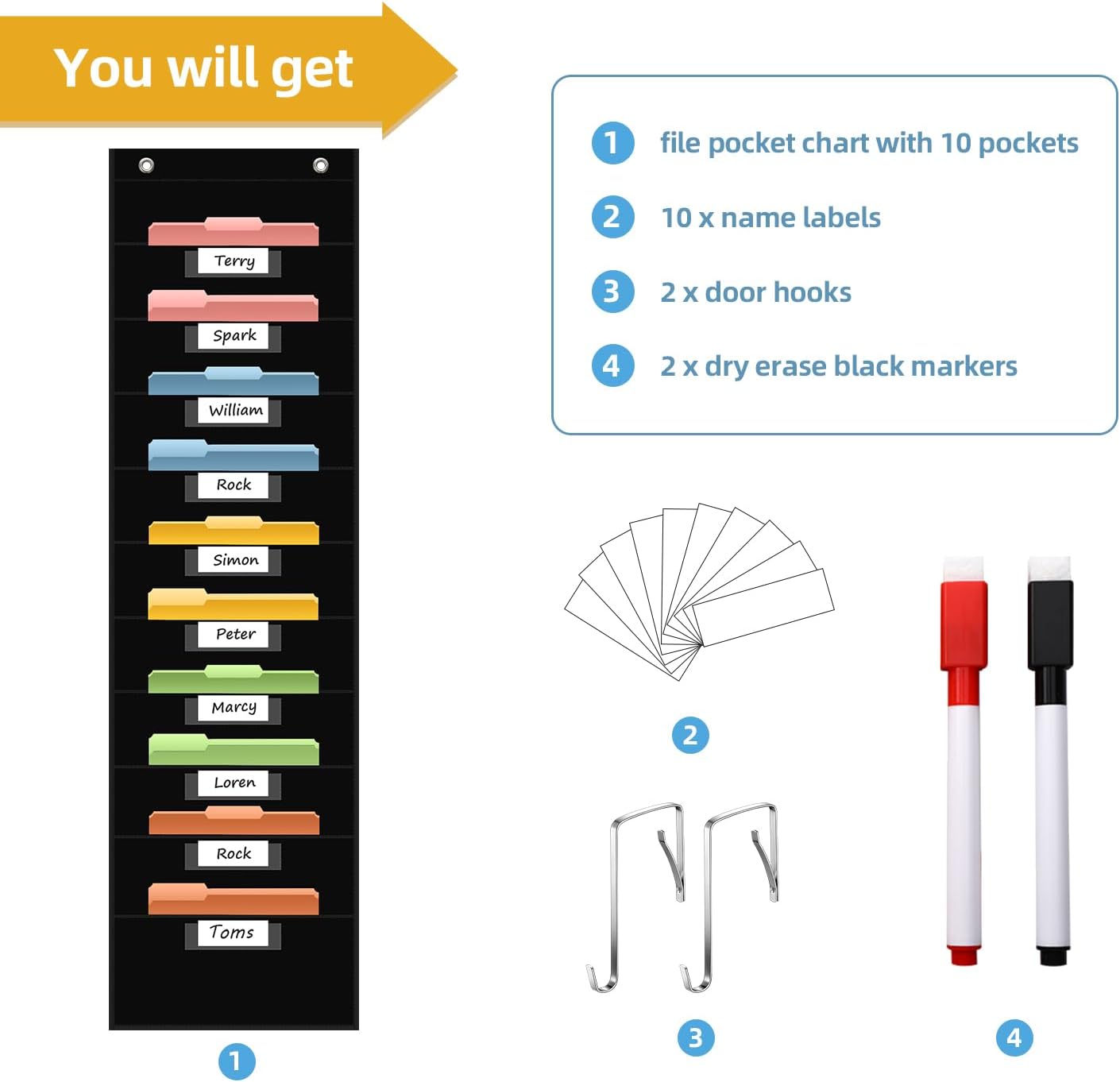 10 Pocket Hanging Wall File Organizer with 10 Nametag Pockets, File Pocket Chart for Classroom and Office. Perfectly Stores Assignments, Files, Scrapbooks, and Documents.
