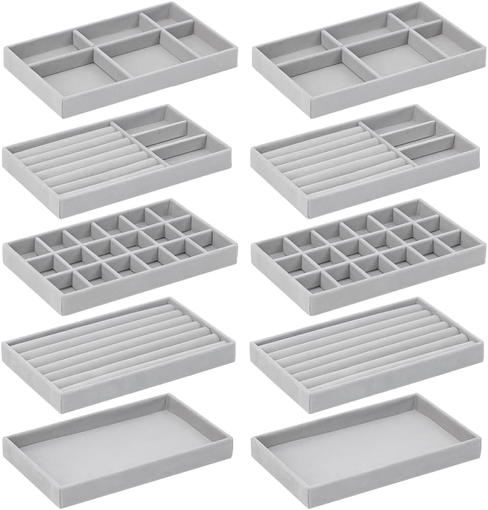 10 Pack Jewelry Organizer Tray Drawer Inserts Stackable Velvet Liner Dividers Customizable Jewellery Box Foam Ring Earring Holder Necklace Bracelet Storage Display Dish Flat in Dresser Vanity